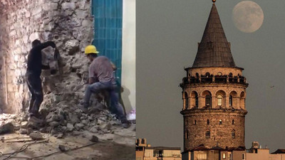 Galata Kulesi'ne önce hiltiyle daldılar sonra izin aldılar... Bu kez alçı pano kayıp