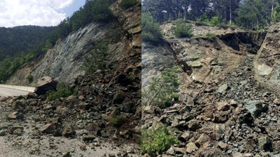 Bolu'da heyelan nedeniyle kopan kaya parçaları yolu kapattı