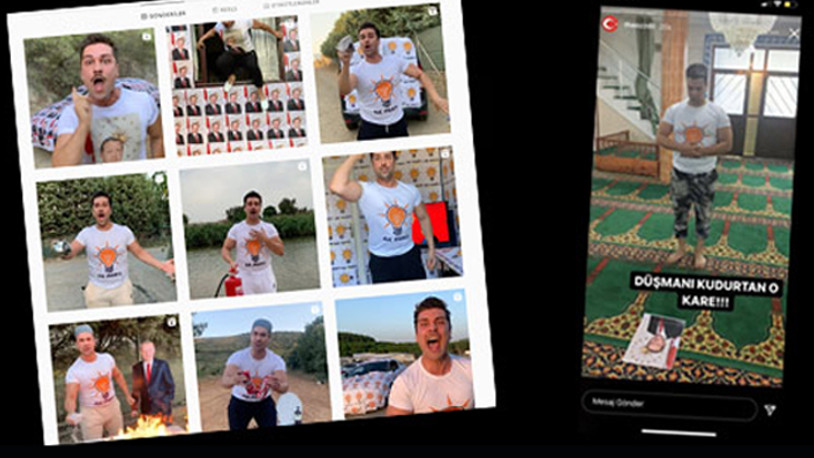 AKP tişörtü ile Erdoğan'ın fotoğrafı önünde namaz kıldı