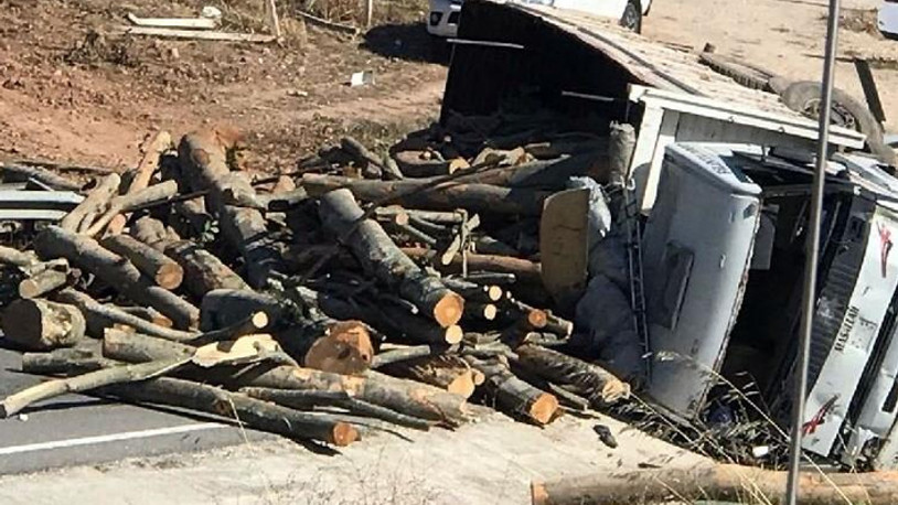 Freni boşalan tomruk yüklü kamyon devrildi