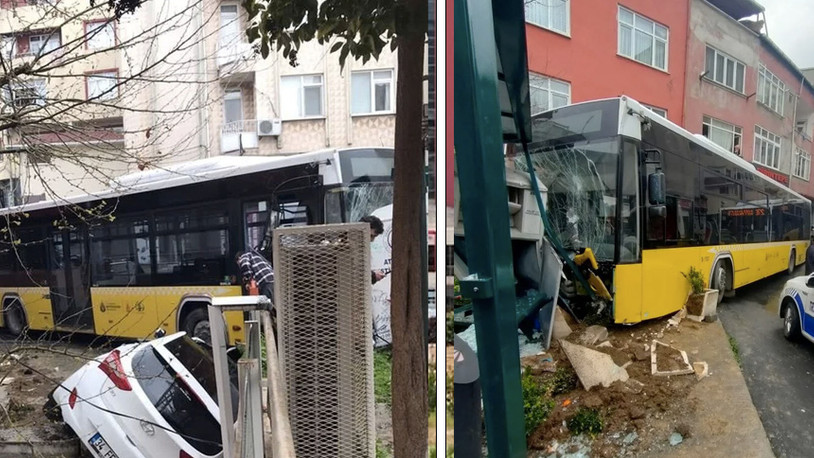 Kağıthane’de kontrolden çıkan halk otobüsü durağa daldı