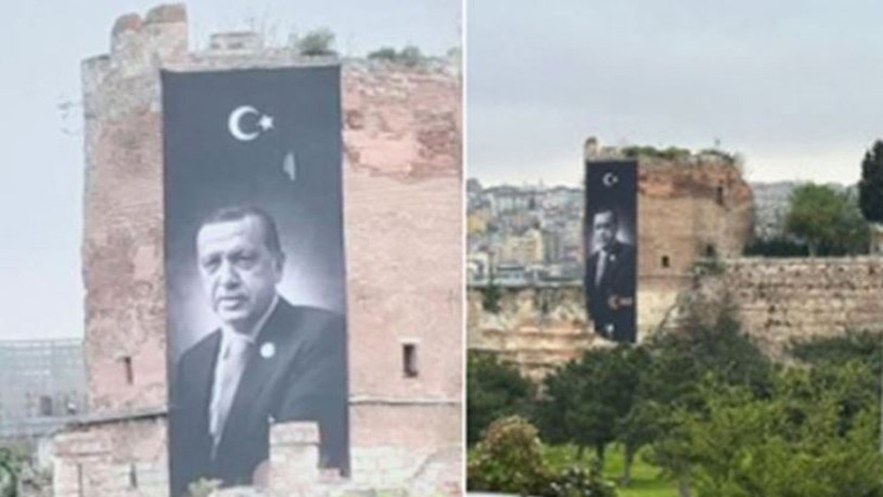 İstanbul'da tarihi surlara Erdoğan posteri asıldı