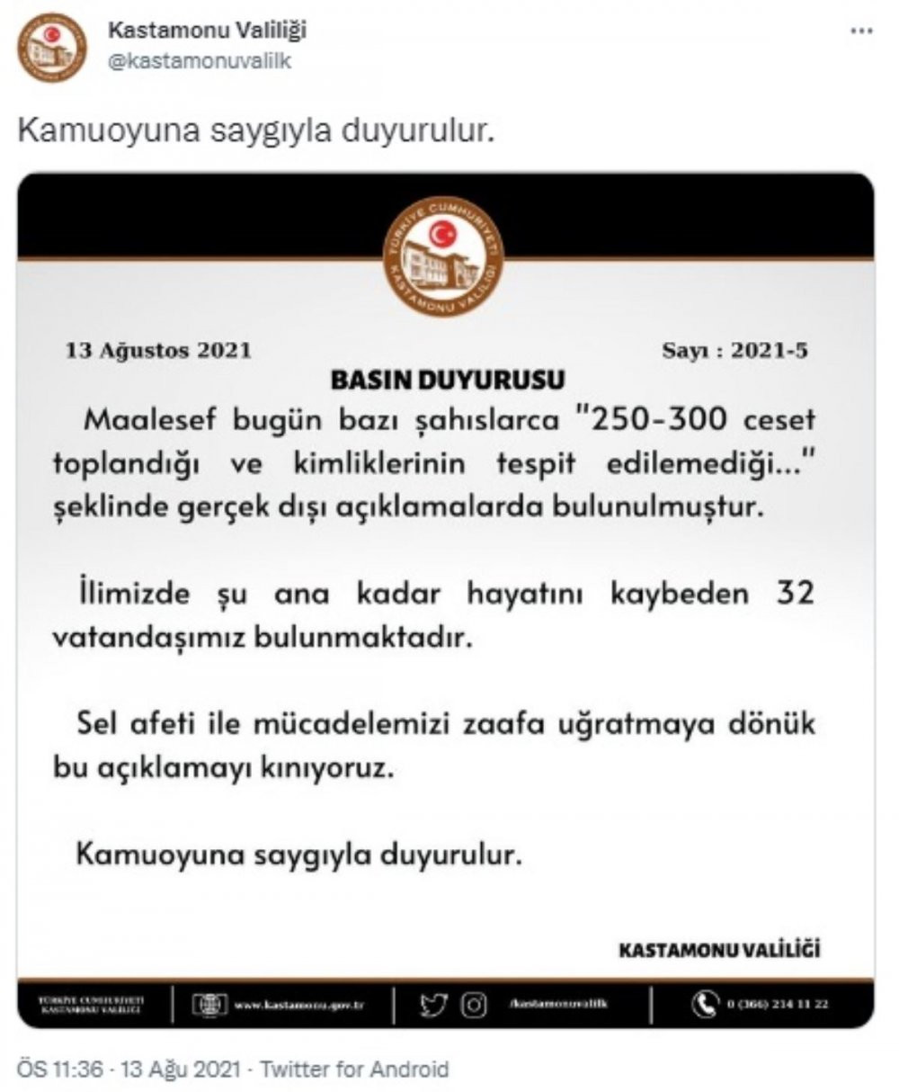 Kastamonu Valiliği'nden '250-300 ölüm' iddiasına yalanlama: Kınıyoruz - Resim : 1