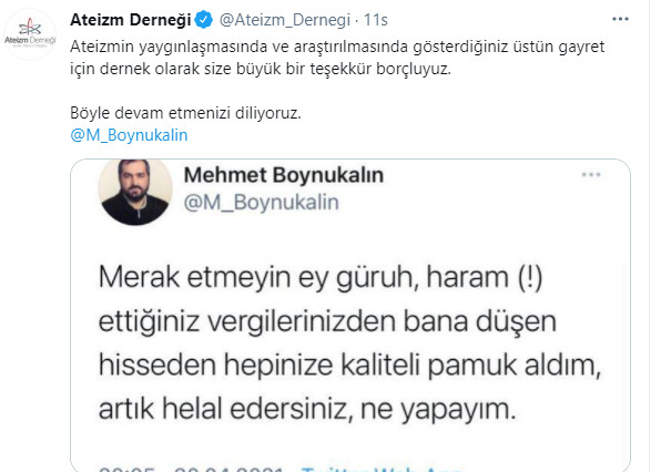 Ateizm Derneği'nden, Mehmet Boynukalın'a teşekkür - Resim : 1