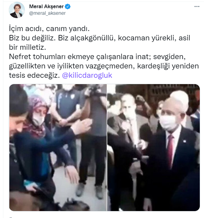 Akşener'den Kılıçdaroğlu'na yapılan davranışa tepki: Nefret tohumları ekmeye çalışanlara inat kardeşliği yeniden tesis edeceğiz - Resim : 1