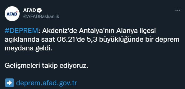 Akdeniz'de 5.3 büyüklüğünde deprem! AFAD'dan açıklama geldi - Resim : 1