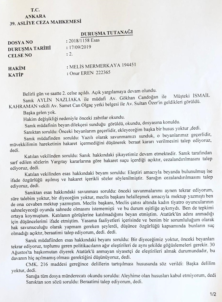 Aylin Nazlıaka'ya 'İsmail Kahraman' davasında karar - Resim : 1