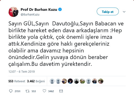 Burhan Kuzu'dan Gül, Davutoğlu ve Babacan’a: Yuvaya dönün - Resim : 1