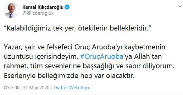 Kılıçdaroğlu'ndan Oruç Aruoba mesajı - Resim : 1