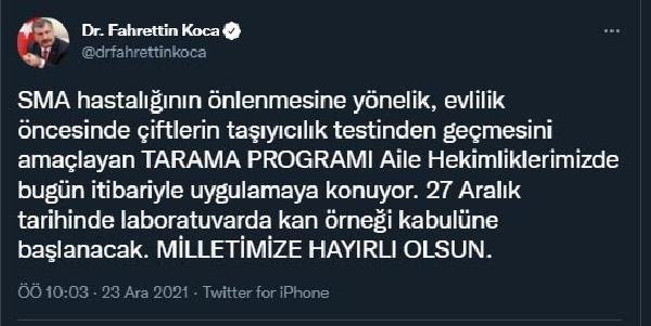 Bakan Koca duyurdu: SMA tarama programı bugün başlıyor - Resim : 1