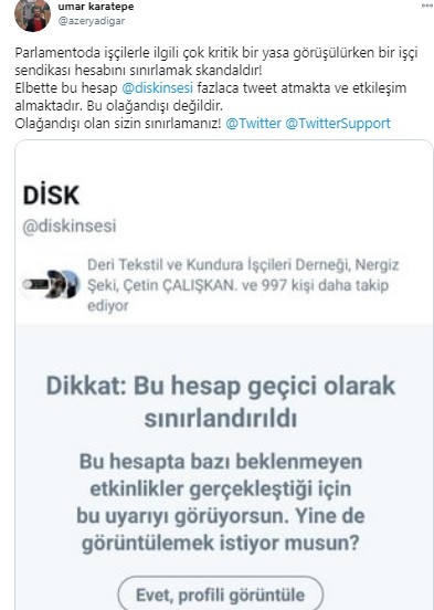 DİSK'in Twitter hesabına kısıtlama getirildi - Resim : 2