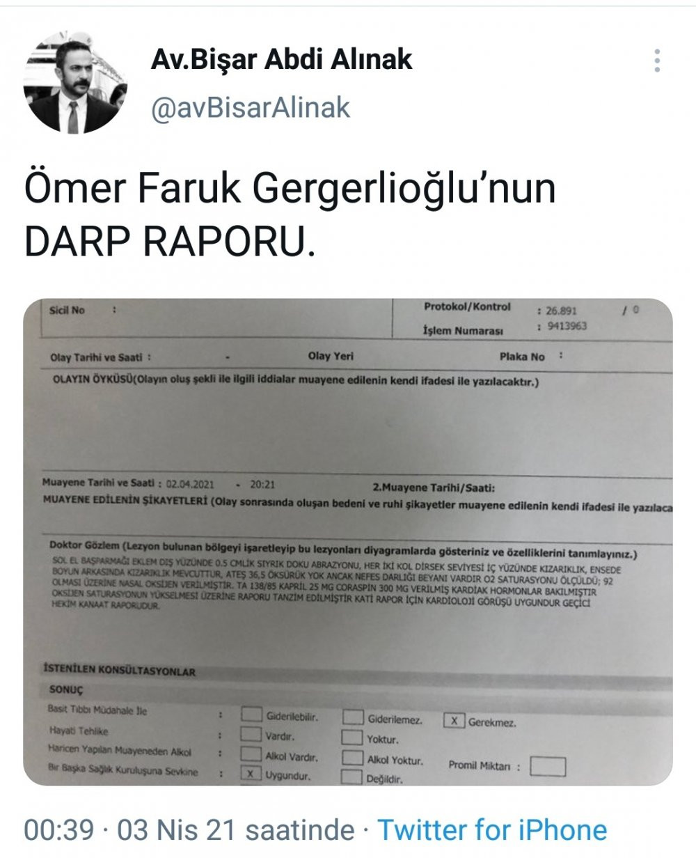 Avukatı Ömer Faruk Gergerlioğlu'nun darp raporunu yayınladı - Resim : 1