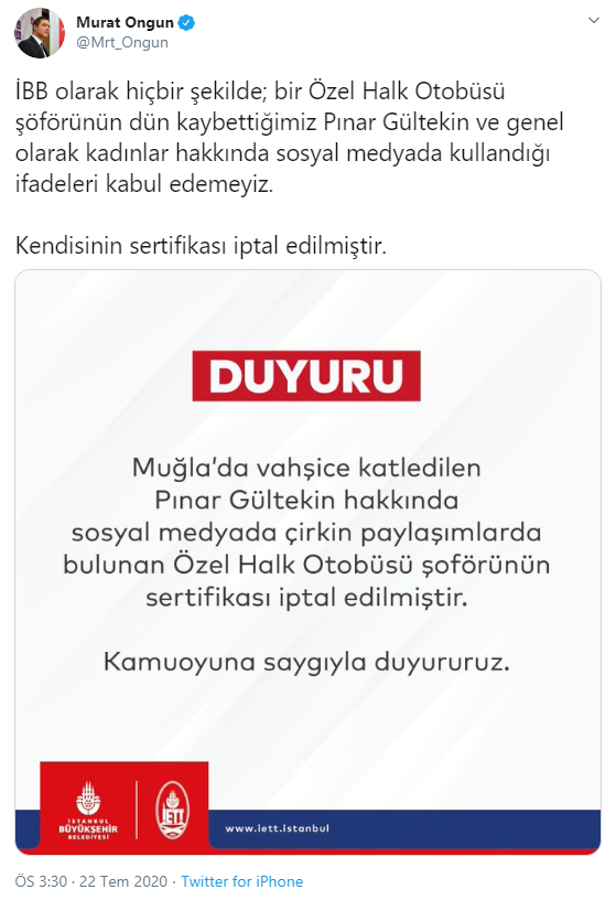 Pınar Gültekin hakkında yapılan çirkin paylaşımın cezasını İBB kesti - Resim : 2