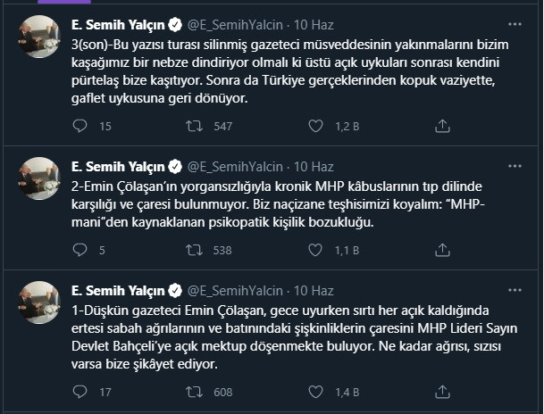 MHP'li Semih Yalçın o gazeteciyi hedef gösterdi; hakaretler yağdırdı - Resim : 1