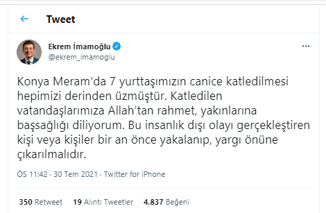 Ekrem İmamoğlu'ndan Konya'da katledilen 7 kişi için taziye mesajı - Resim : 1