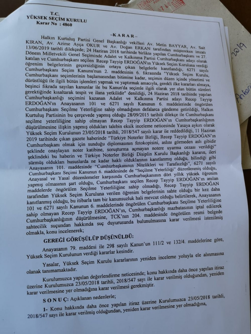 YSK'dan Erdoğan'ın diploması hakkında karar - Resim : 1