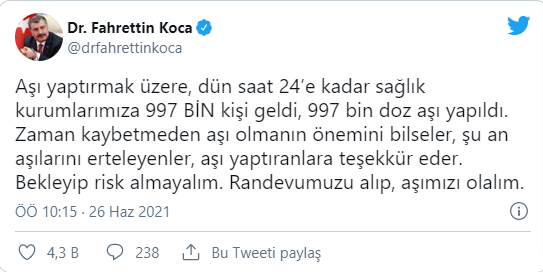 Fahrettin Koca: Dün 997 bin doz aşı yapıldı - Resim : 1