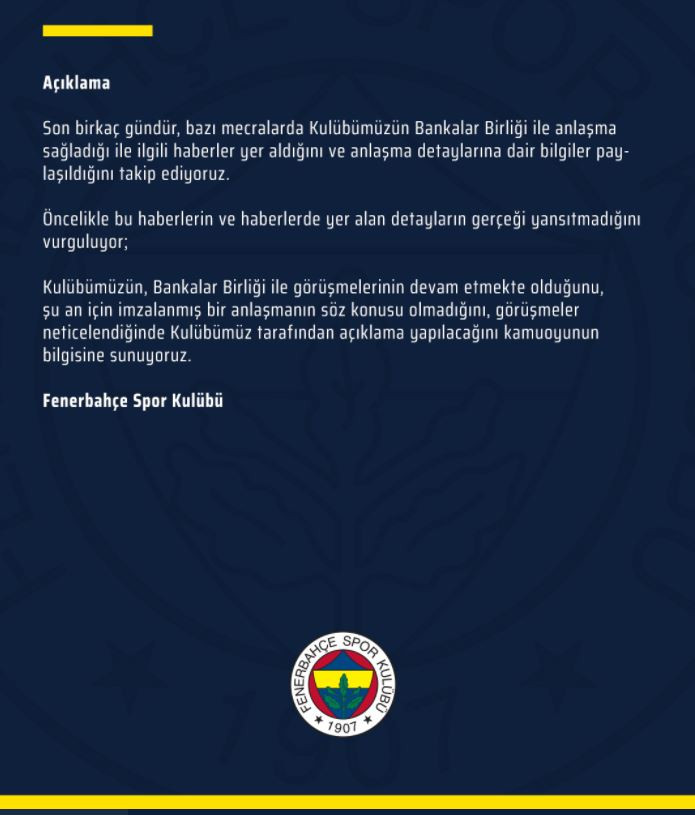 Fenerbahçe'den Bankalar Birliği görüşmeleri hakkında açıklama - Resim : 1