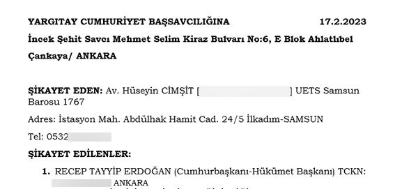 Samsun Barosu avukatı Hüseyin Cimşit, Cumhurbaşkanı hakkında yurt dışına çıkma yasağı talep etti - Resim : 1