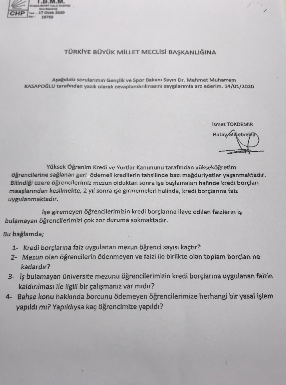 İsmet Tokdemir'den Gençlik ve Spor Bakanına soru önergesi - Resim : 1