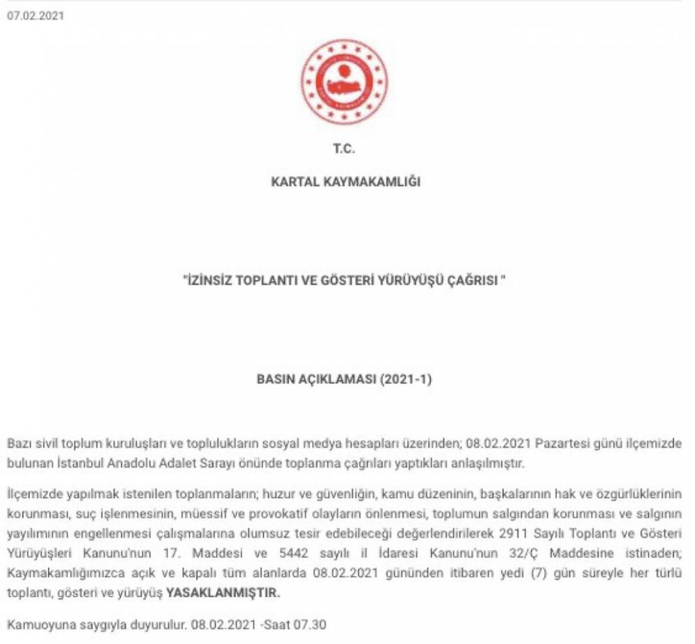 İstanbul&rsquo;da Kartal Kaymakamlığı'ndan g&ouml;steri ve y&uuml;r&uuml;y&uuml;ş yasağı - Resim : 1