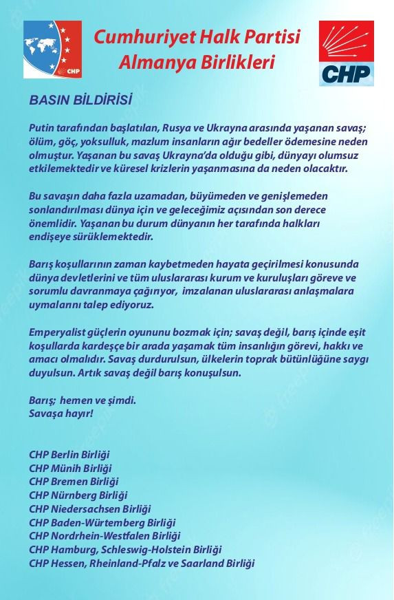 CHP Almanya Birlikleri'nden savaşa karşı açıklama: Artık barış konuşulsun - Resim : 1