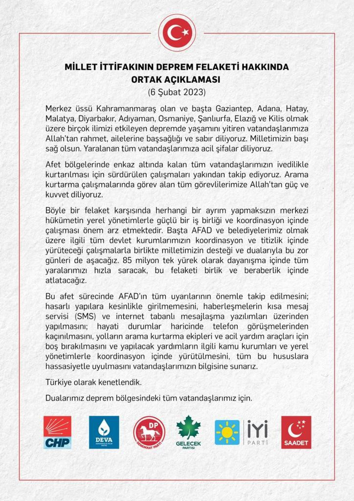Millet İttifakı'ndan ortak deprem açıklaması - Resim : 1