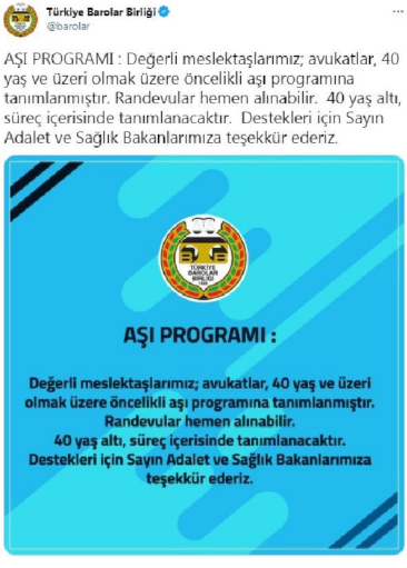 40 yaş üstü avukatlara aşılama önceliği - Resim : 1