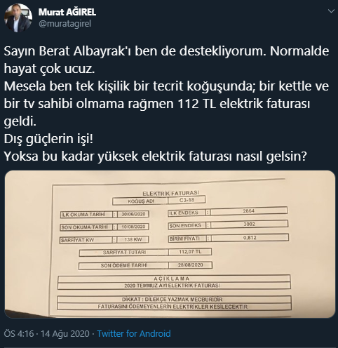 Murat Ağırel'e Silivri Cezaevi'nde kaldığı tek kişilik hücre için gelen fatura çok konuşulacak - Resim : 1