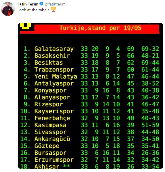 Fatih Terim'den şampiyonluk paylaşımı: Look at the tabela - Resim : 1