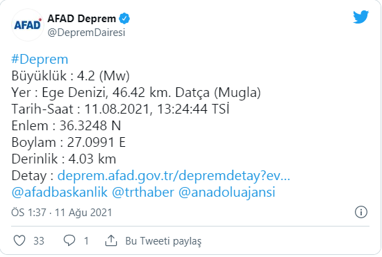 Datça açıklarında 4,2 büyüklüğünde deprem - Resim : 1