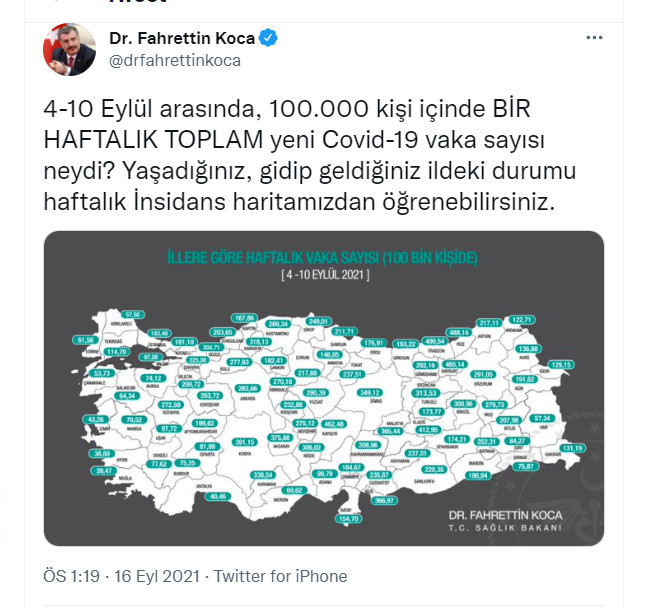 Bakan Koca, illere göre haftalık vaka sayısını açıkladı - Resim : 2