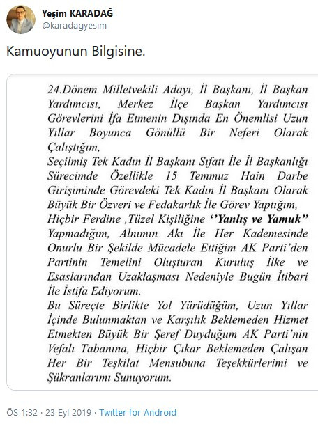 AKP'nin tarihindeki 'seçilmiş tek Kadın il başkanı' istifa etti! - Resim : 1