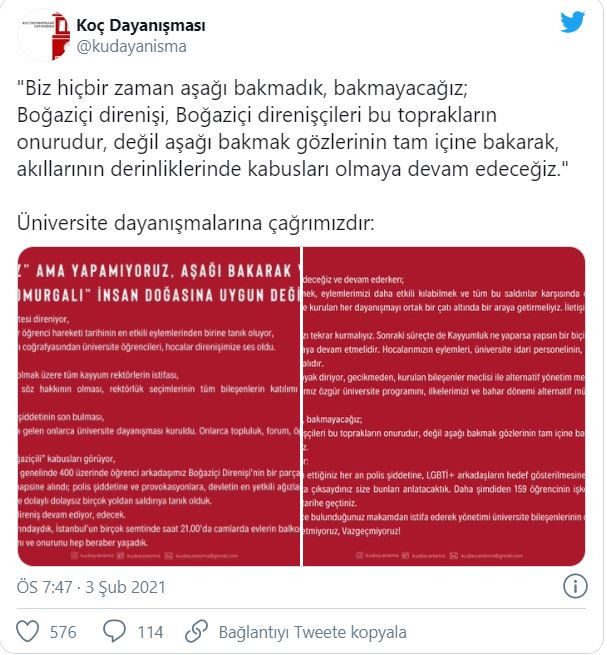 Ko&ccedil; &Uuml;niversiteliler Dayanışması: Boğazi&ccedil;i direnişi onurumuzdur - Resim : 1