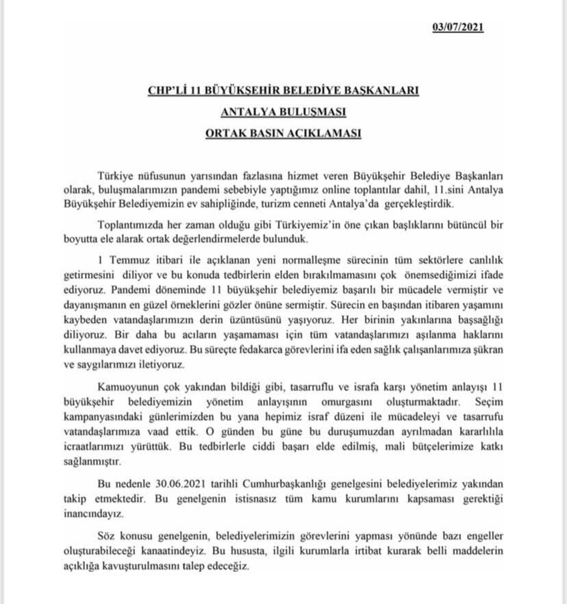 CHP'li 11 Büyükşehir Belediye Başkanı'ndan ortak açıklama - Resim : 1