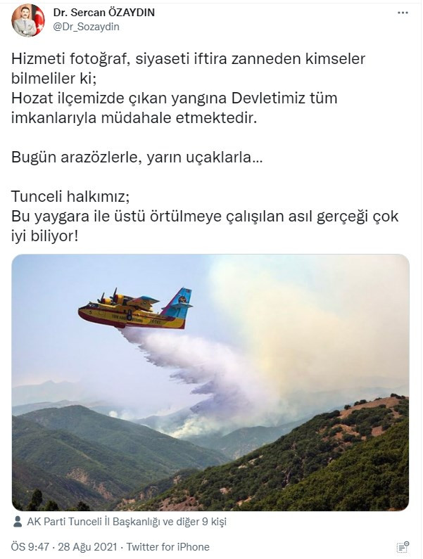 AKP Tunceli İl Başkanı, yangın fotoğrafına photoshop ile söndürme uçağı ekledi - Resim : 1