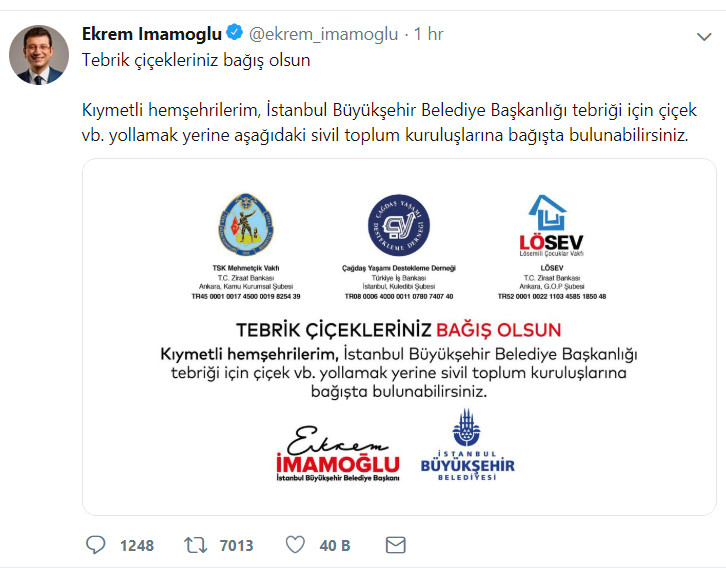 Ekrem İmamoğlu çiçek yerine; Mehmetçik Vakfı'na, Çağdaş Yaşamı Destekleme Derneği'ne ve LÖSEV'e bağış istedi - Resim : 1