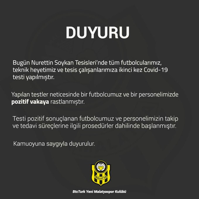 Yeni Malatyaspor'da iki pozitif vaka tespit edildi - Resim : 1