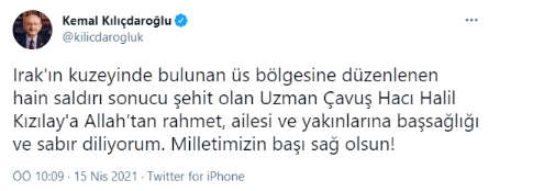 Kılıçdaroğlu'ndan şehit Uzman Çavuş Hacı Halil Kızılay için başsağlığı mesajı - Resim : 1