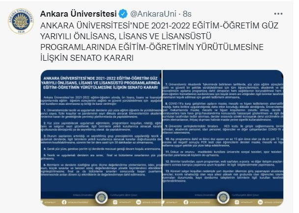 Ankara Üniversitesi yüz yüze eğitim kararını açıkladı - Resim : 1