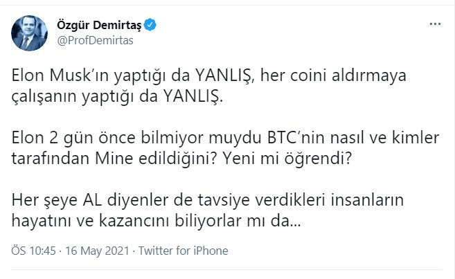 Özgür Demirtaş'tan Elon Musk'a 'Bitcoin' tepkisi - Resim : 1