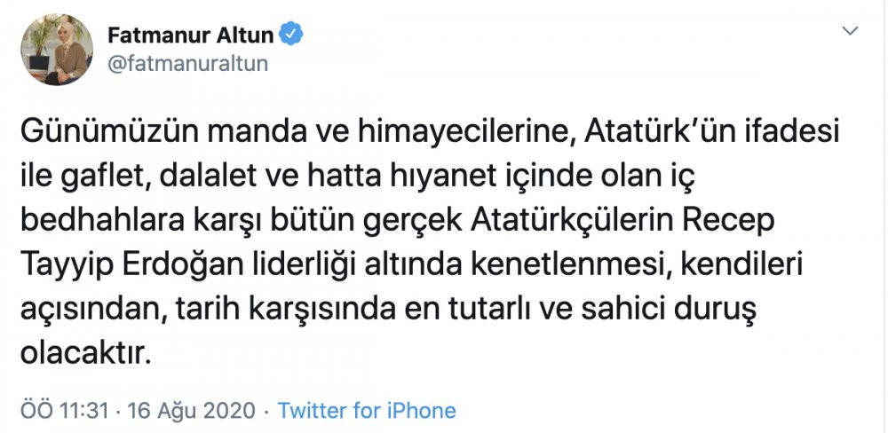 Fatmanur Altun'dan, Atatürkçülere, 'Erdoğan'ın liderliği altında kenetlenme' çağrısı - Resim : 1