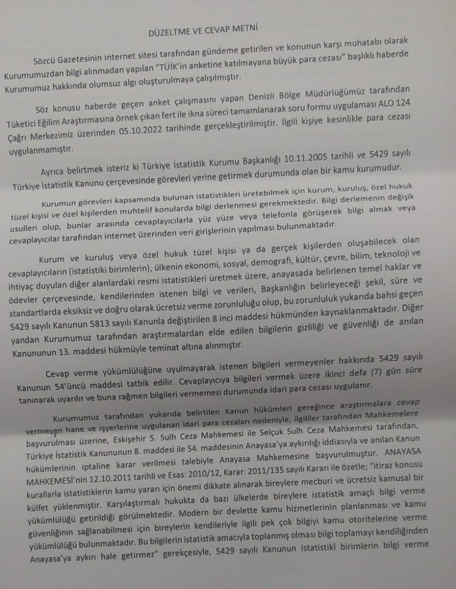 "TÜİK’in anketine katılmayana büyük para cezası" haberine TÜİK Başkanı Erhan Çetinkaya'dan açıklama - Resim : 2