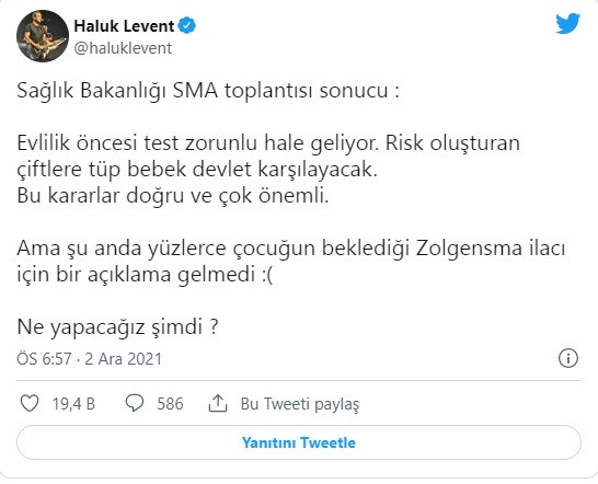 Ünlü şarkıcı Haluk Levent'ten Bakan Koca'ya SMA tepkisi: Ne yapacağız şimdi? - Resim : 1