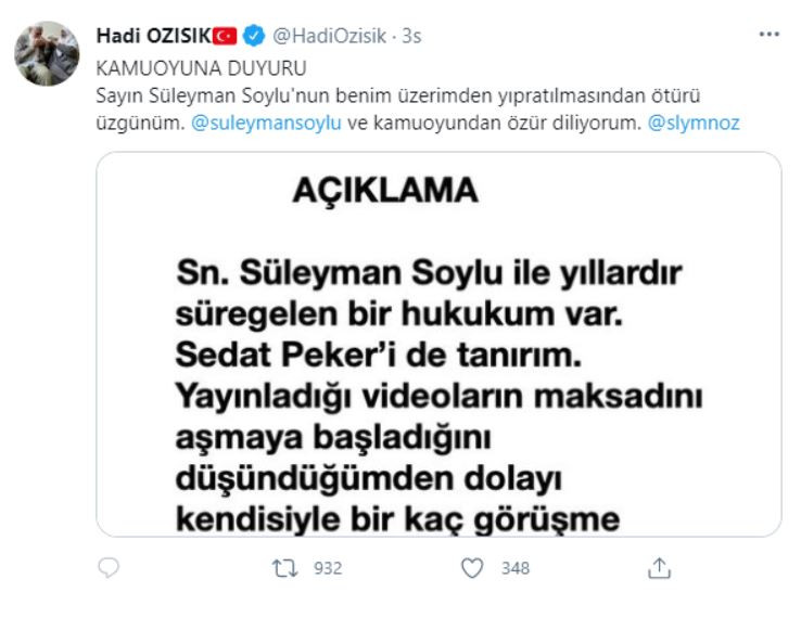 Süleyman Soylu'nun 'dava açacağım' dediği Hadi Özışık'tan açıklama - Resim : 2