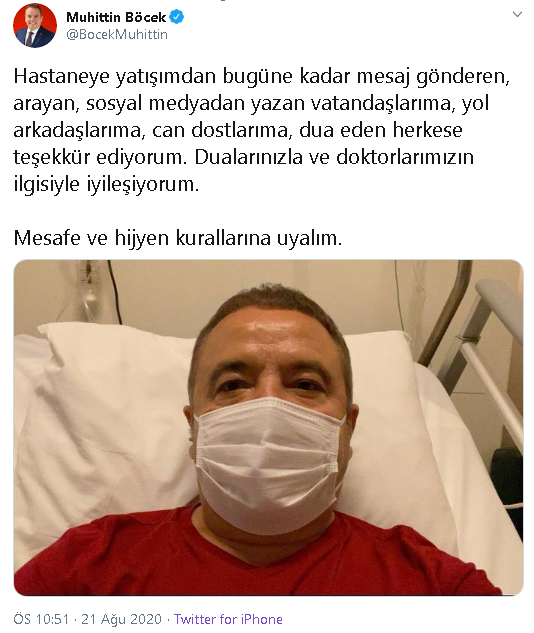 Koronavir&uuml;s tedavisi g&ouml;ren Muhittin B&ouml;cek'ten ilk fotoğraf - Resim : 1