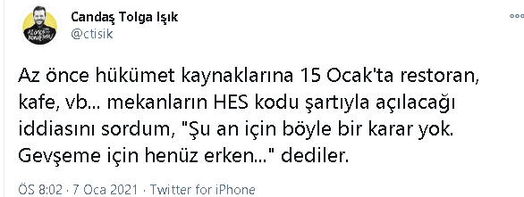 '15 Ocak'tan itibaren restoran, kafe gibi işletmelerin HES kodu şartıyla a&ccedil;ılacağı' iddialarına yanıt geldi - Resim : 1