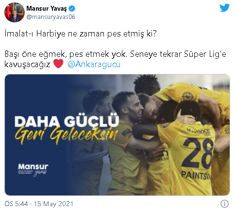 Mansur Yavaş'tan küme düşen Ankaragücü'ne destek paylaşımı - Resim : 1