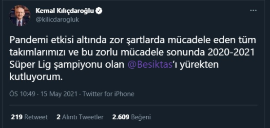 Kılıçdaroğlu'ndan Beşiktaş'a tebrik - Resim : 1