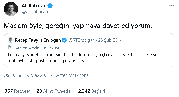 Ali Babacan, Erdoğan'ın sözleriyle Erdoğan'a yanıt verdi - Resim : 1